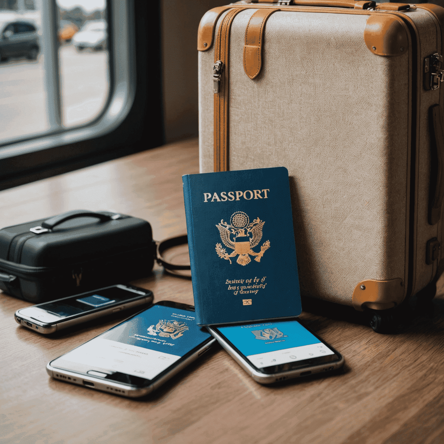 Ein Bild, das Reisesicherheit darstellt: Ein Reisepass neben einem Smartphone mit einer Sicherheits-App und einem Gepäckstück mit einem Sicherheitsschloss.