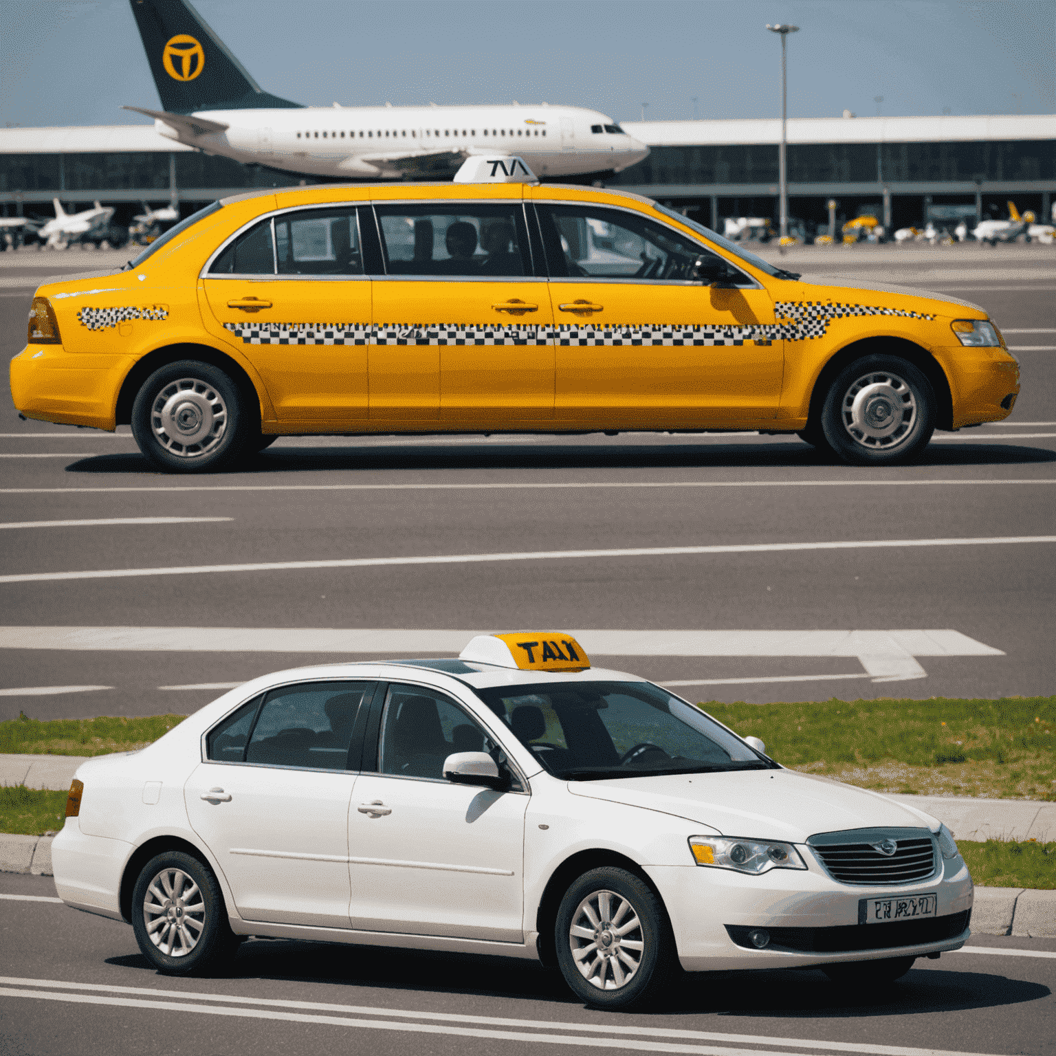 Ein modernes Taxi vor einem Flughafen, bereit für den Transfer von Passagieren