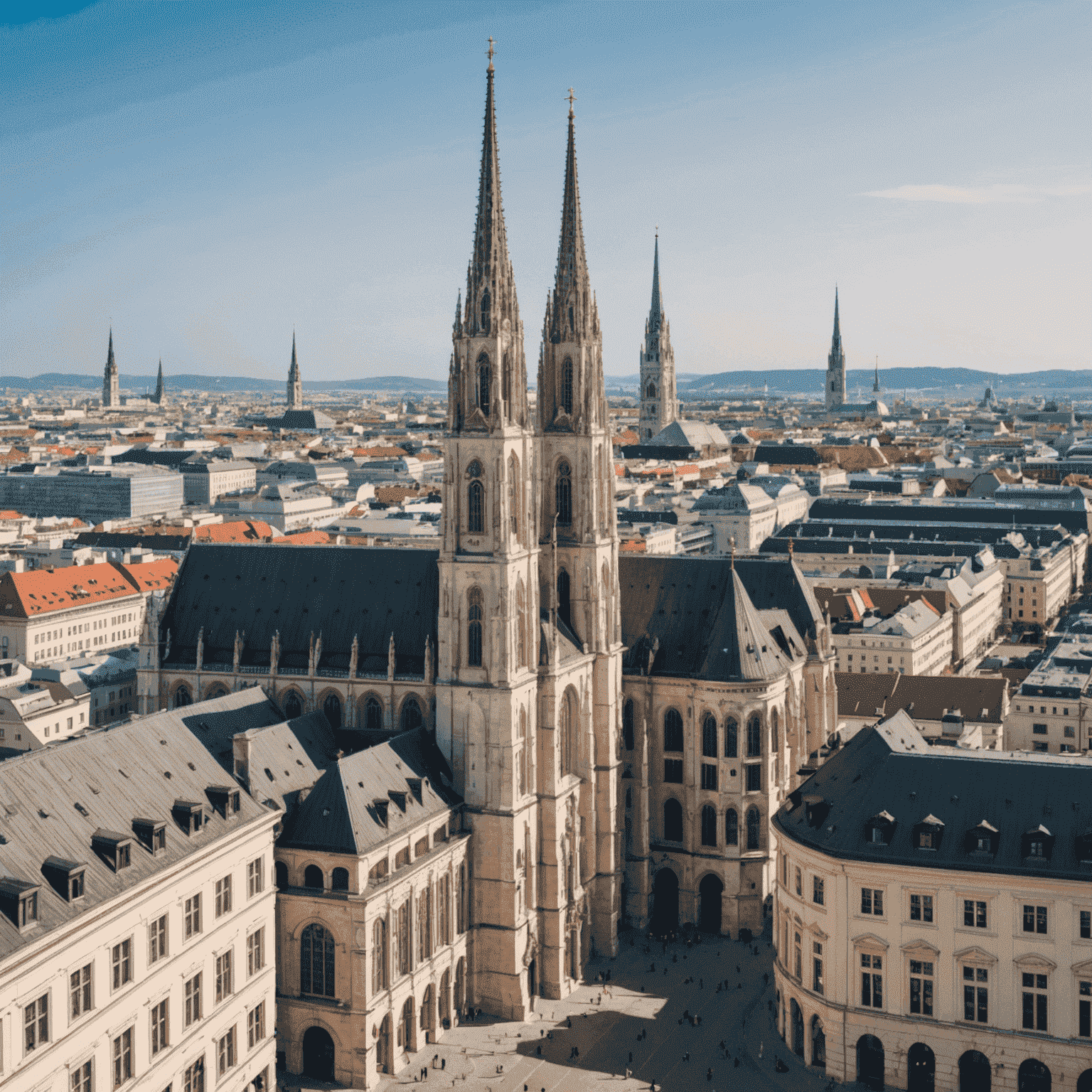 Panoramablick auf Wien mit dem Stephansdom im Vordergrund und modernen Gebäuden im Hintergrund