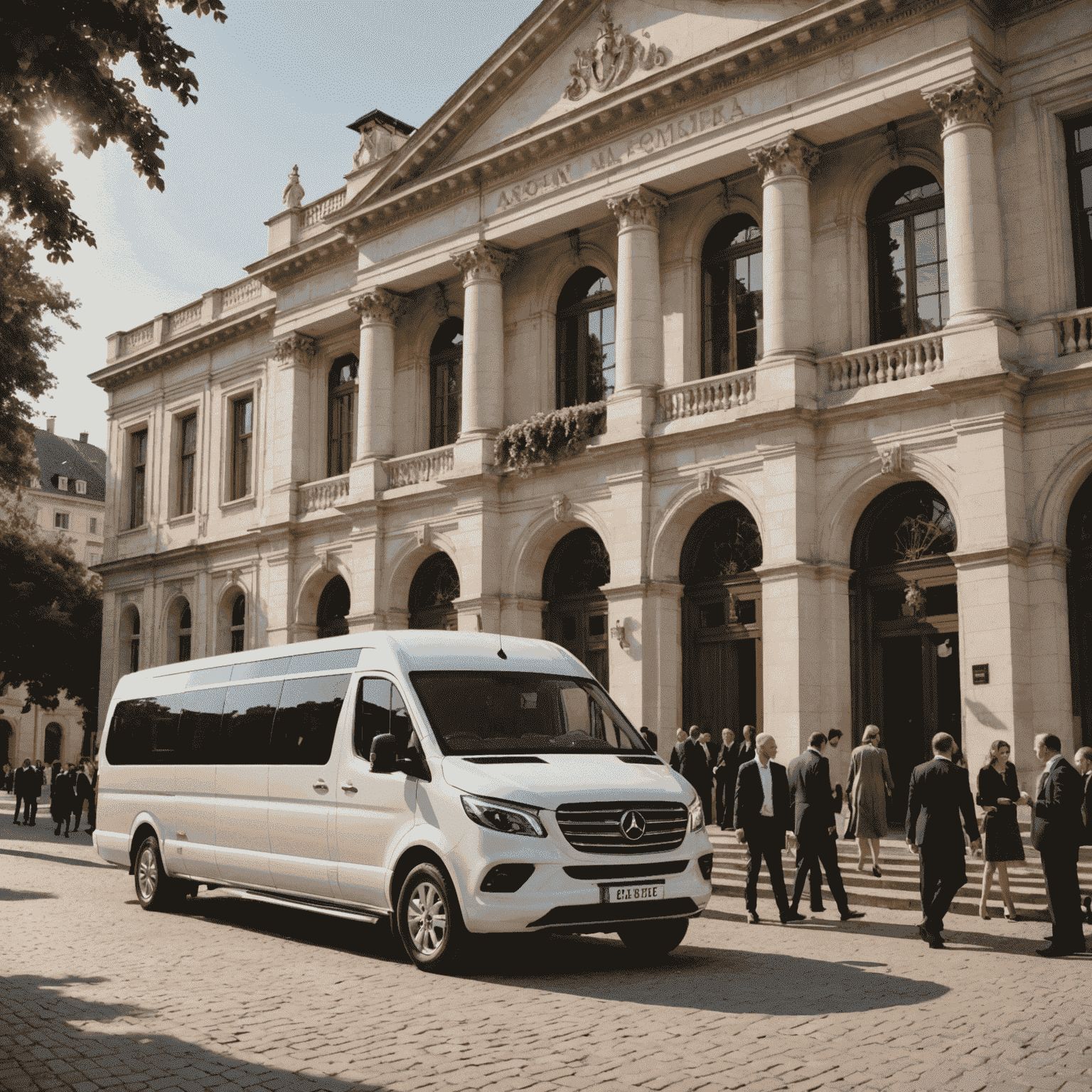 Ein luxuriöser Kleinbus, der vor einem eleganten Veranstaltungsort parkt. Gut gekleidete Gäste steigen ein, was die Hochwertigkeit des Event-Transports von Asfiag zeigt.