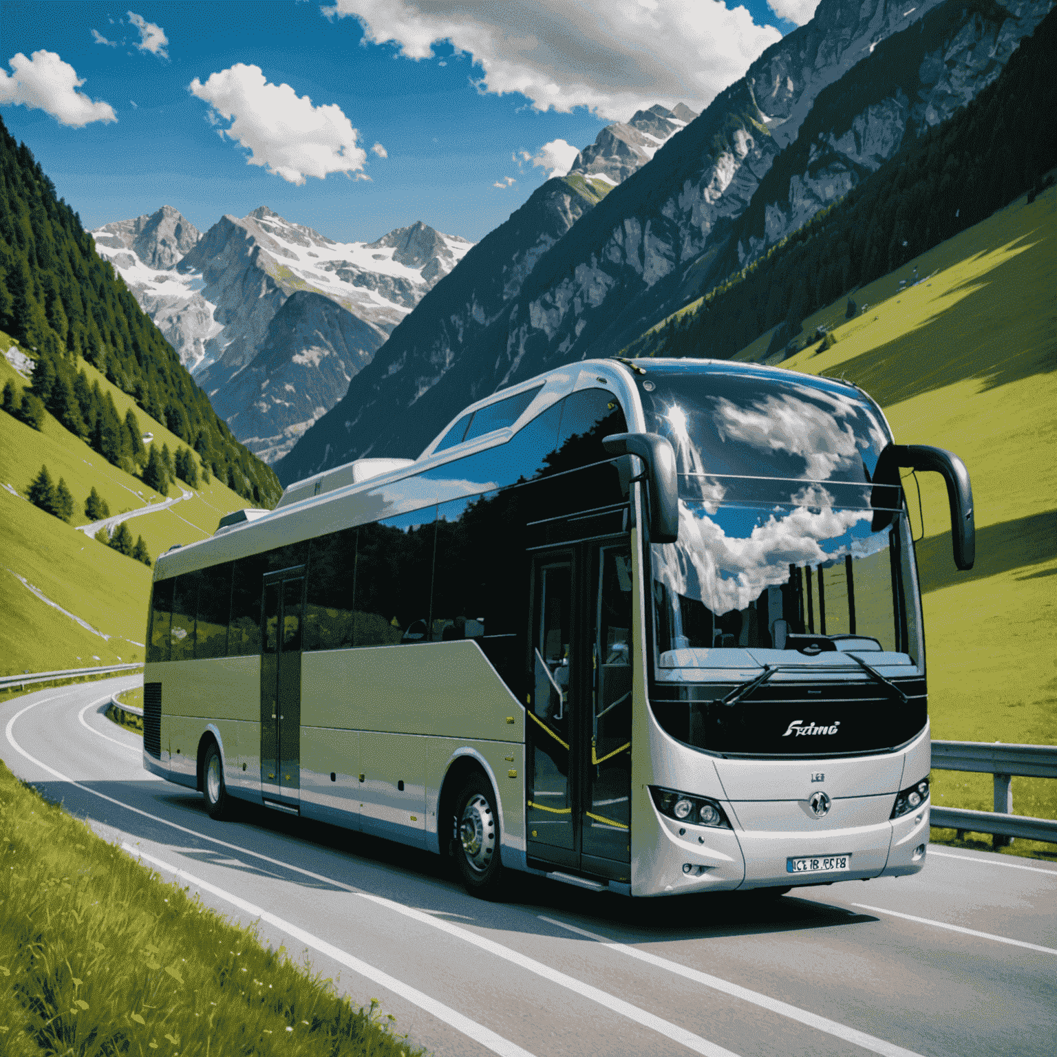 Ein luxuriöser Reisebus fährt auf einer malerischen Autobahn durch die österreichischen Alpen. Der Bus ist silbern mit blauen Akzenten, die die Farben von Asfiag widerspiegeln.