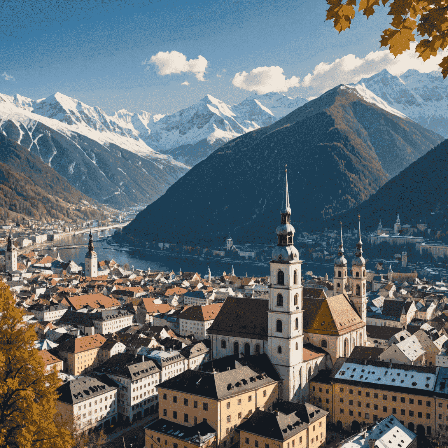 Blick auf die historische Altstadt von Innsbruck mit dem Goldenen Dachl im Vordergrund und den schneebedeckten Alpen im Hintergrund, die die einzigartige Verbindung von Stadt und Natur zeigen