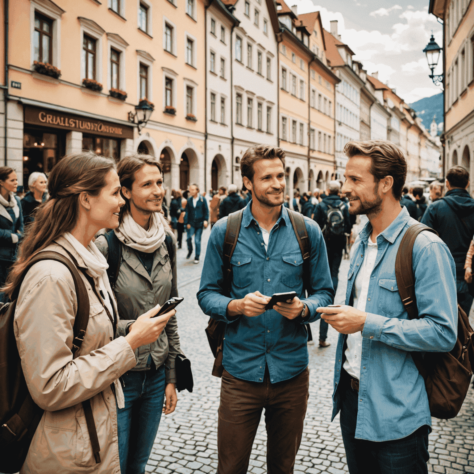 Ein Stadtführer zeigt einer Gruppe von Touristen die Sehenswürdigkeiten einer österreichischen Stadt