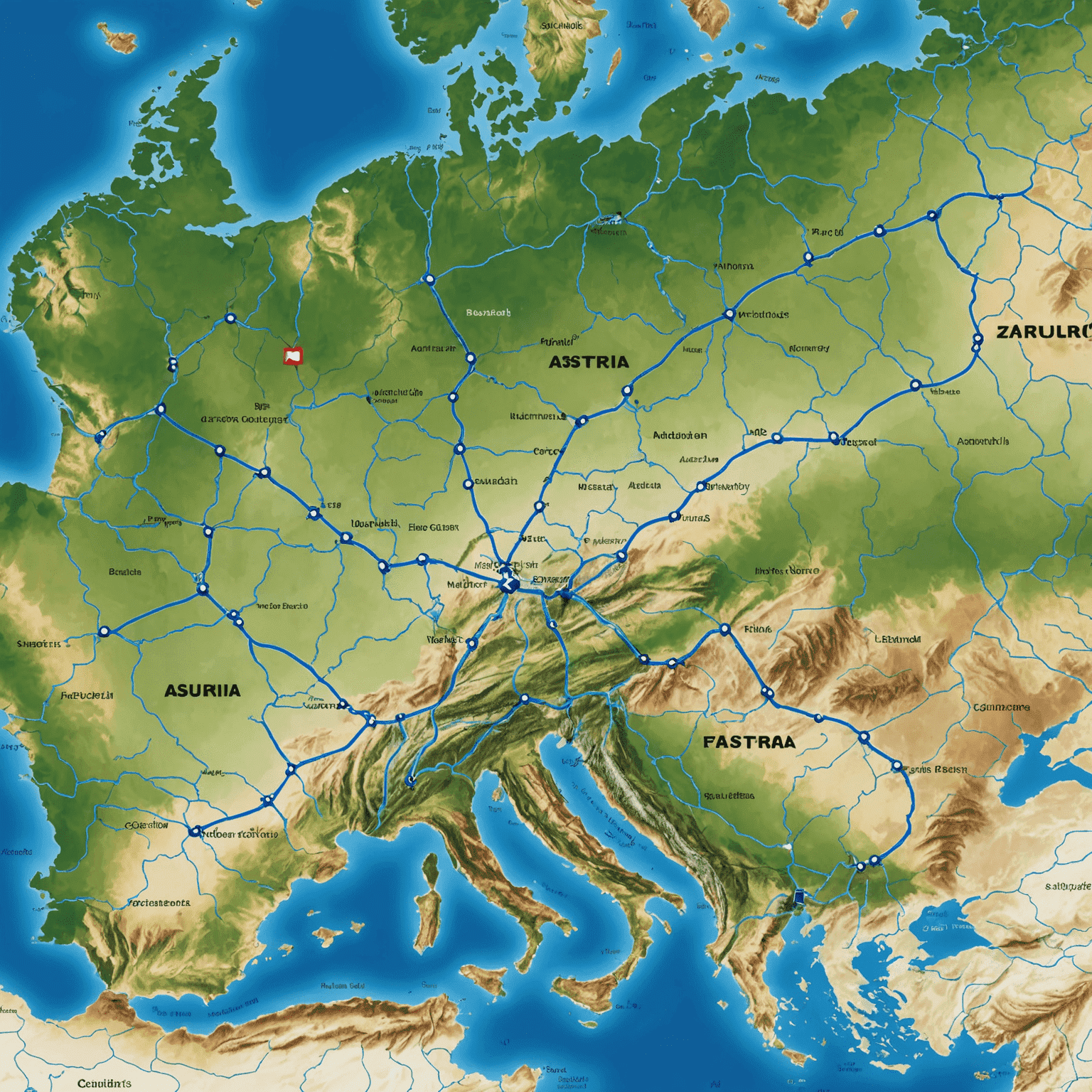 Eine Karte von Österreich und den umliegenden Ländern, auf der die wichtigsten Routen von Asfiag mit blauen Linien eingezeichnet sind. Wichtige Städte sind mit silbernen Punkten markiert.