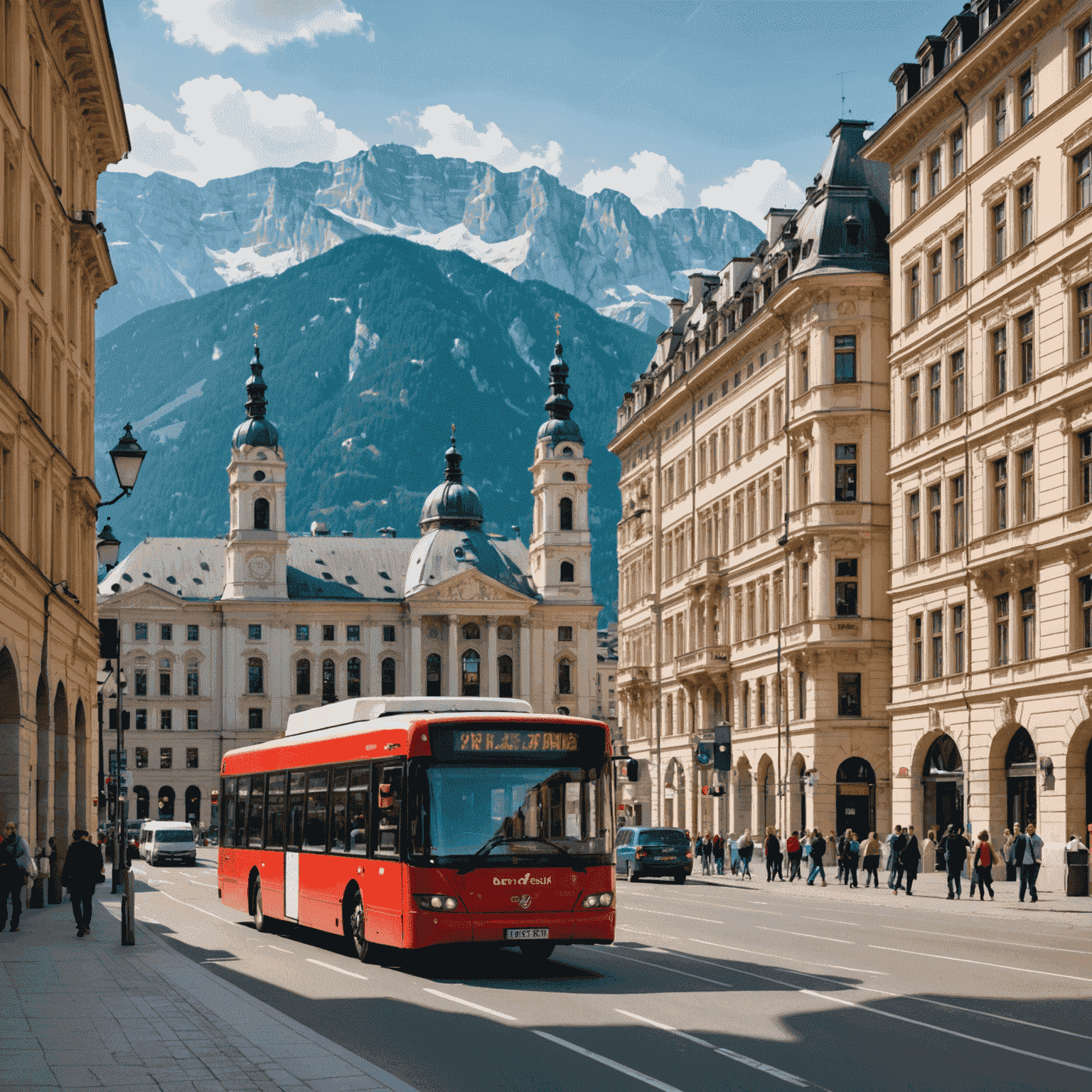 Ein malerisches Bild österreichischer Sehenswürdigkeiten: Die Alpen im Hintergrund, ein historisches Gebäude in Wien und ein moderner Asfiag-Bus im Vordergrund.