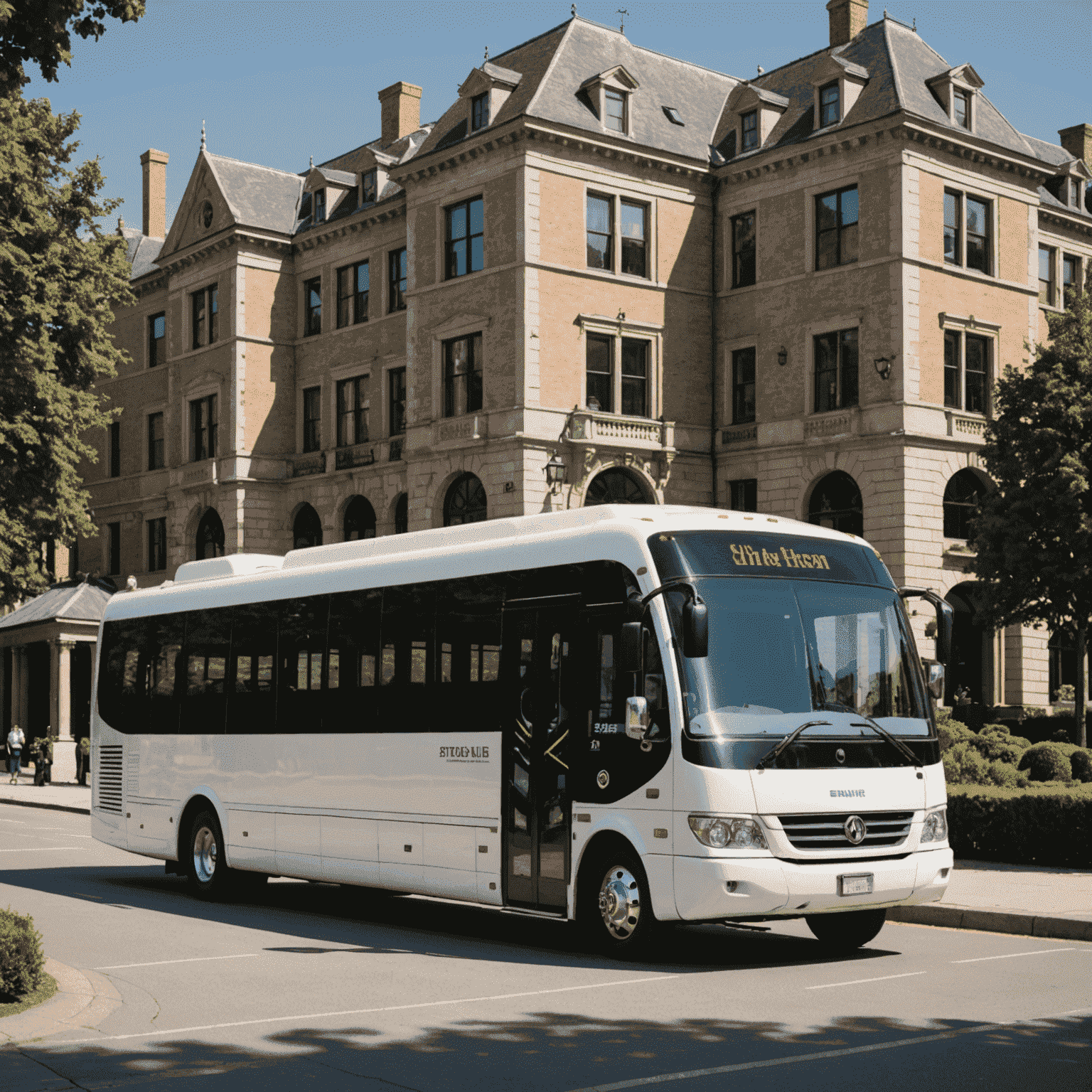 Ein eleganter Shuttlebus vor einem Veranstaltungsort, bereit für den Transport von Gästen